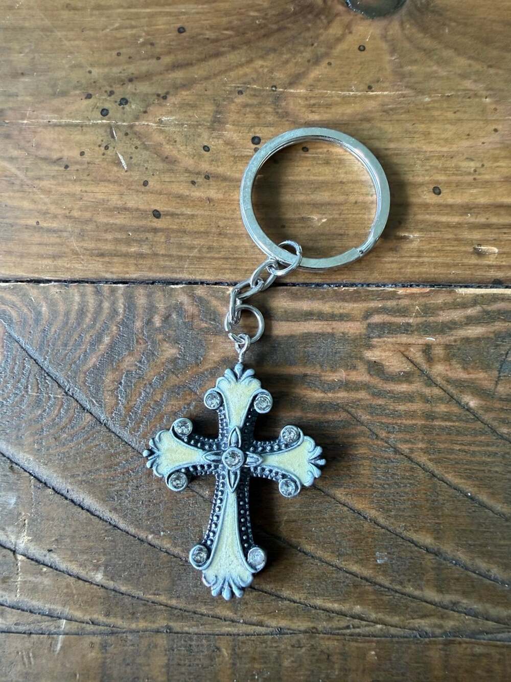 Ornate Enamel & Rhinestone Cross Keychain